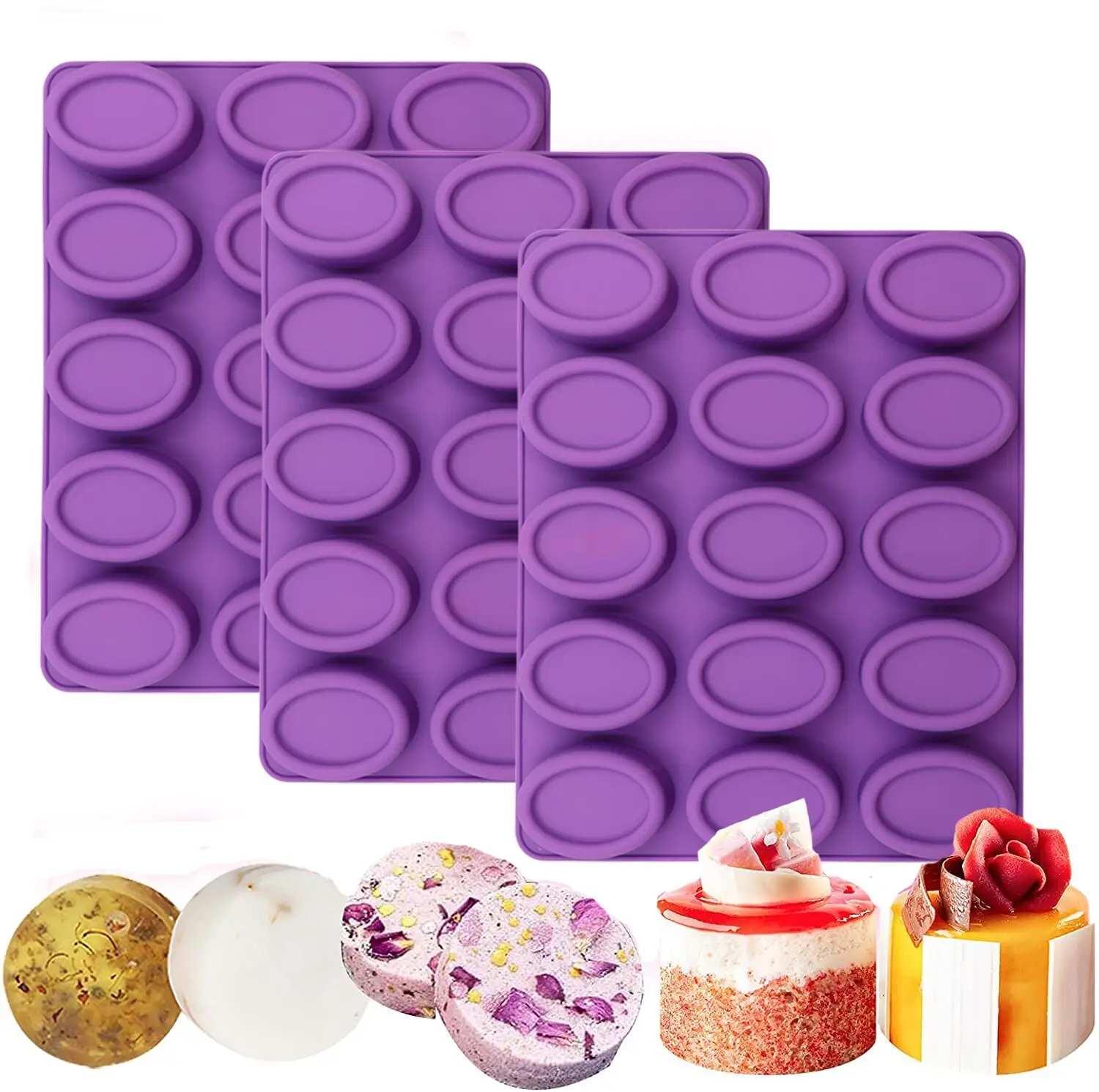 

Custom Highly Quality 15 Cavities Oval Shape DIY Handmade Silicone Soap Mold For Cake Soap Jelly Pudding Mold, Purple