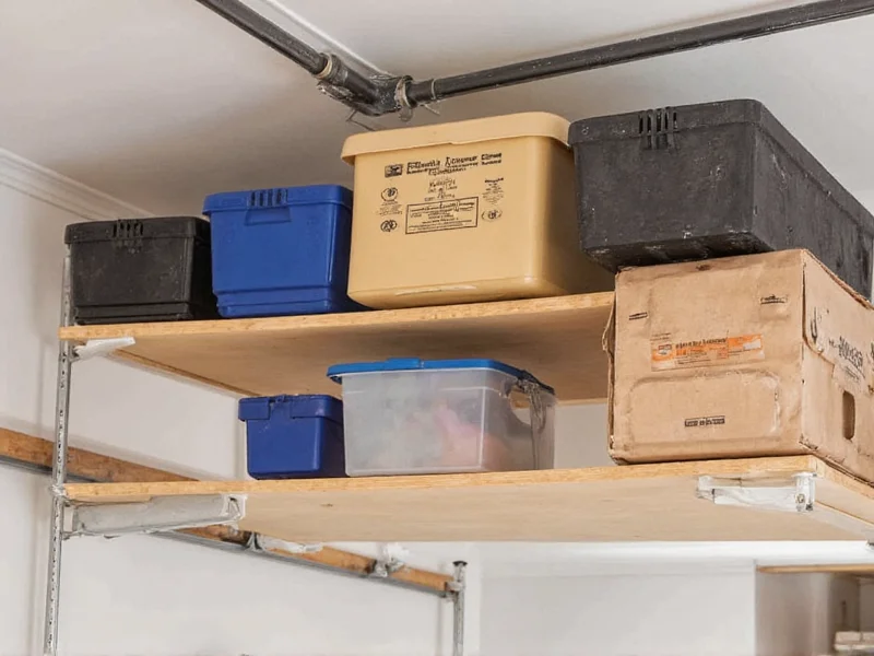 Overhead garage storage rack with plywood shelves holding bins