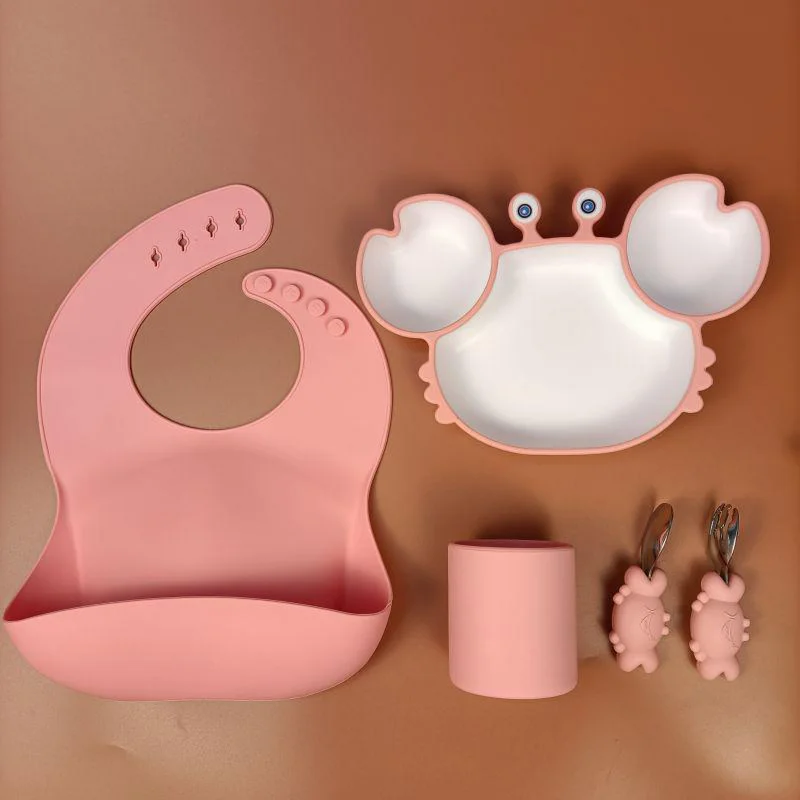 

Food Grade BPA Free Baby Silicone Feeding Plate Set Crab Plato With Spoon And Fork Cup Bib Kit Factory Price 4 Month Over Infant