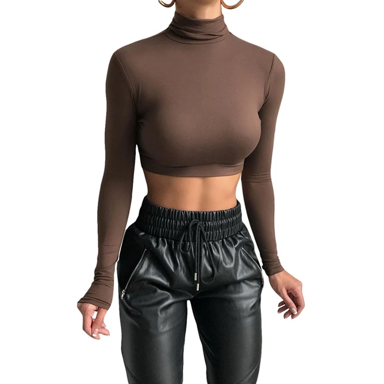 

2021 fall winter women t shirt full sleeves trendy sexy solid color crop tops for women
