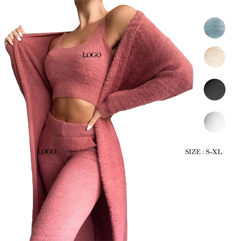 

Sweater Pajamas For Women Set Cozy Lounge Wear Women's Sleepwear Fuzzy Fleece Sleepwear With Robe 3 Pieces Sleep Wear Set, Picture shows