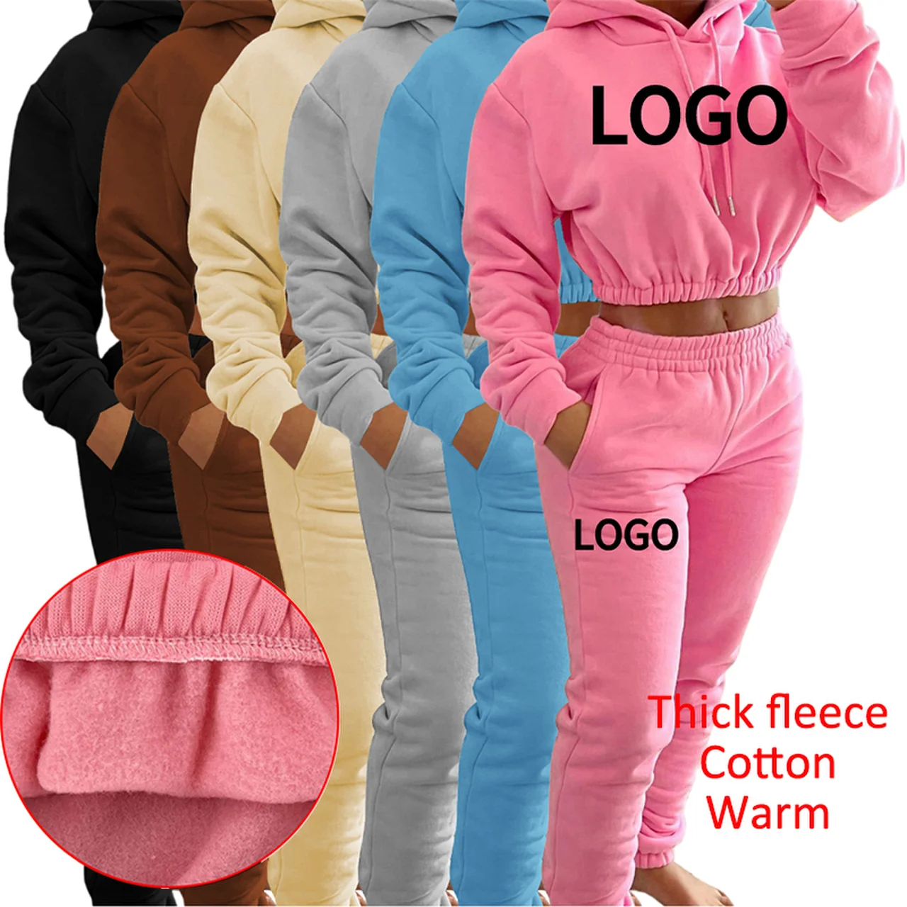 

2022 Women Clothes Thick Warm Fleece Crop Top Drawstring 2pc Jogger Set Jogging Sweatsuit Stacked Sweat Pants And Hoodie Set