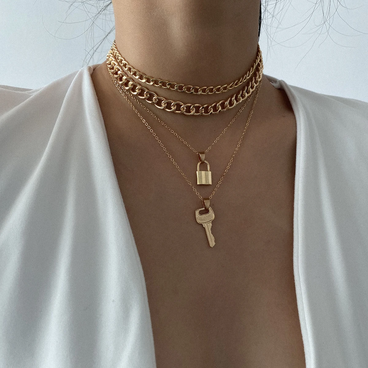 

SHIXIN Trendy Punk Multi layer Padlock Key Long Pendant Necklace Cuban Link Chain Choker Necklace for Women Punk Jewelry, Gold