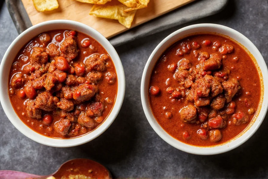 Two bowls of carnivore chili side by side showing proper texture and rich color of meat-based chili
