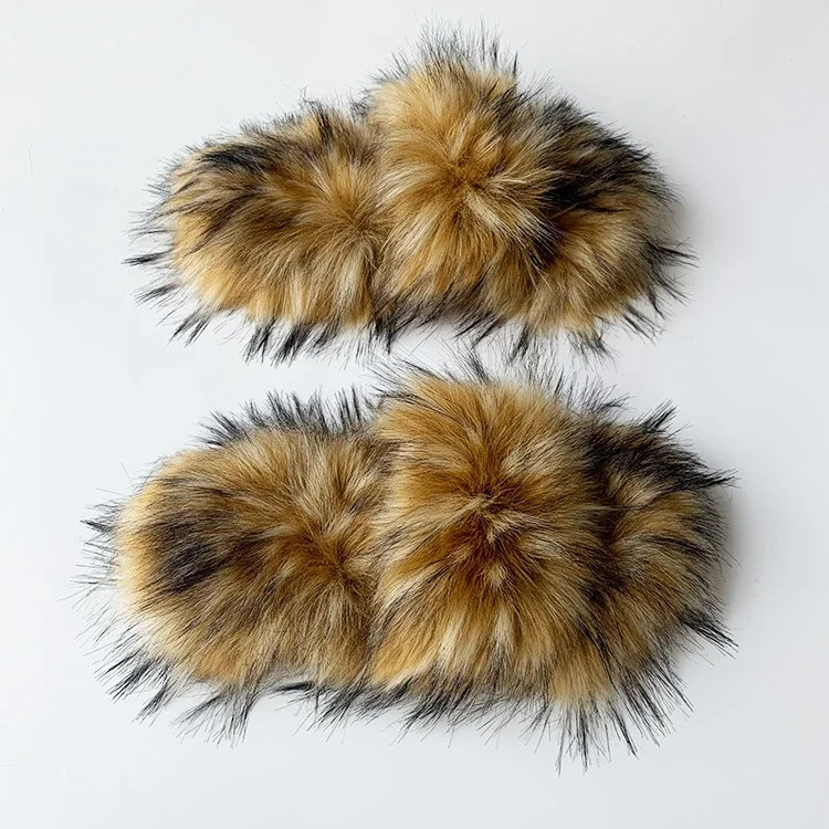 

2023 Custom logo raccoon furry fur slides sandal colorful 100% fluffy faux fur slipper for women