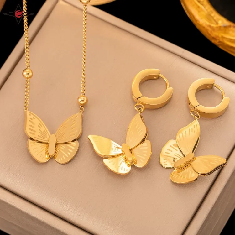 

Fashion Jewelry Butterfly Necklace Ladies Stainless Steel Waterproof Hoops Earring Gold Filled Butterfly Earrings