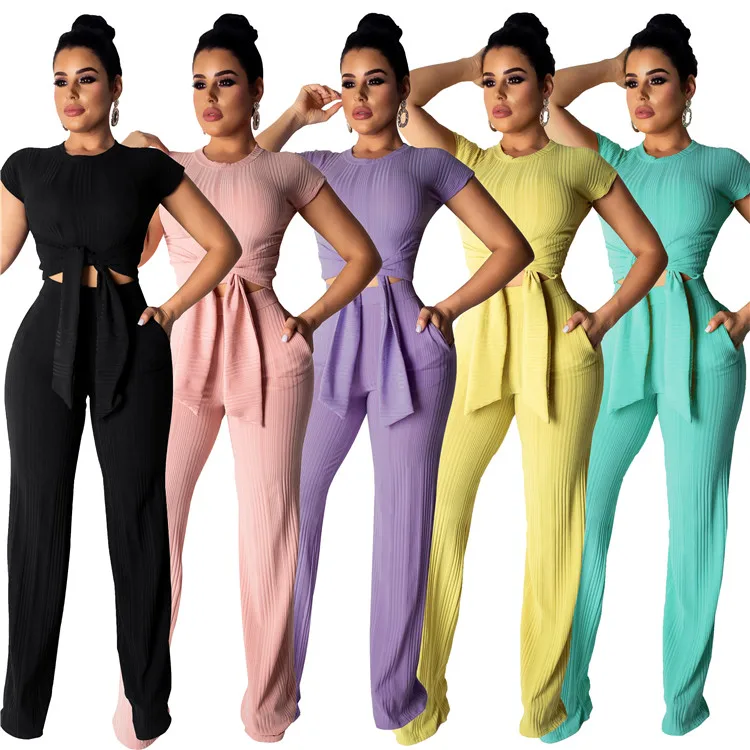 

Hot Popular Casual Women Set Lumbar Short Sleeve Lace Up Striped Suit, Picture