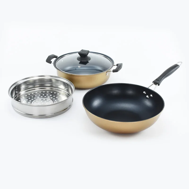 

Non stick cooking pot set 5pcs cookware set fryiing pan and stream cooking pot set, Black gold, gold, silver white