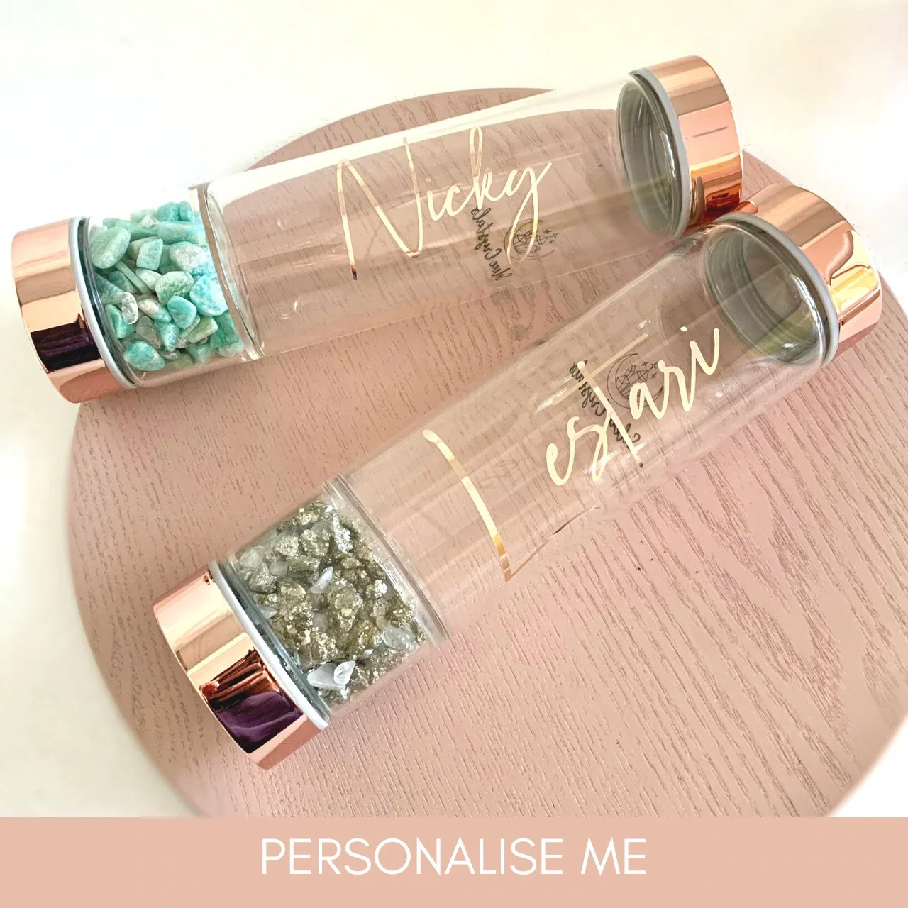 

Natural Custom Logo Crystal Drink Bottle Rose Quartz Glass Water Bottle, Silver, rose gold