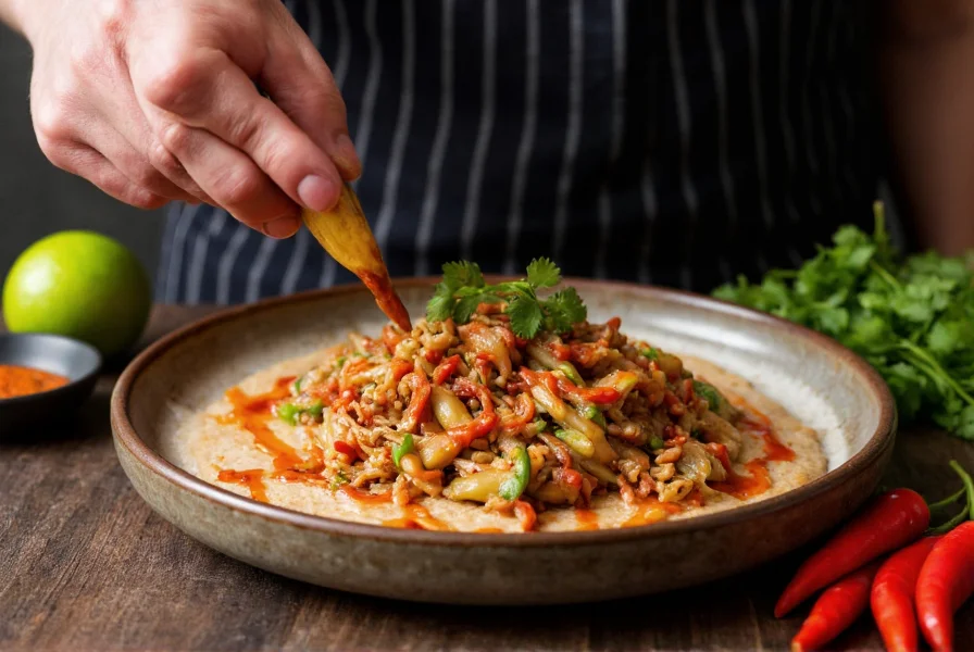 Chef's hand drizzling chili sauce over finished dish with ingredients like lime, cilantro, and fresh chilies nearby