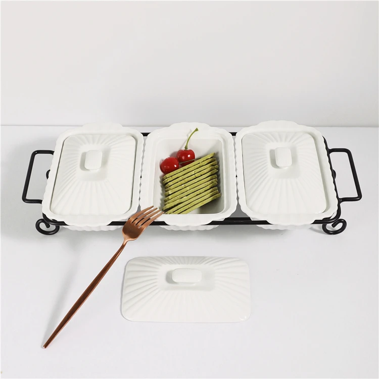 

New design customized wedding banquet ceramic snack bowl set with iron shelf, White