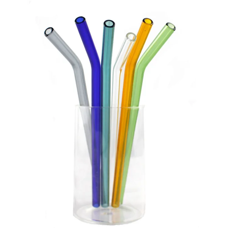 

Food Grade Eco-Friendly Clear Reusable Bubble Boba Drinking Colorful Bent Glass Straws With Brush and Bags, Colorful/transparent