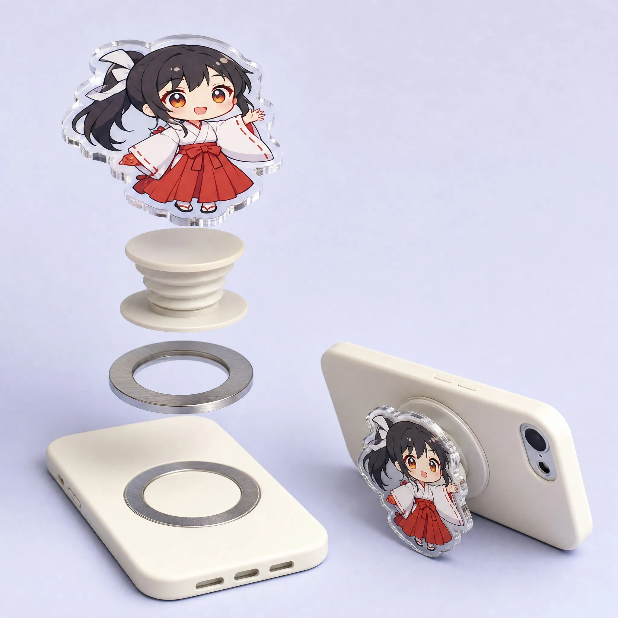 Exploded Structural Diagram of MagSafe Magnetic Acrylic Phone Grip: Acrylic Topper, Accordion Base, Magnetic Ring, Phone Case, Kickstand