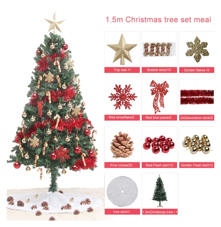 

New Christmas Decorations Set PVC Tree with Top Star/Flake/Balls/Tinsel/tree Skirt Ornaments albero di natale