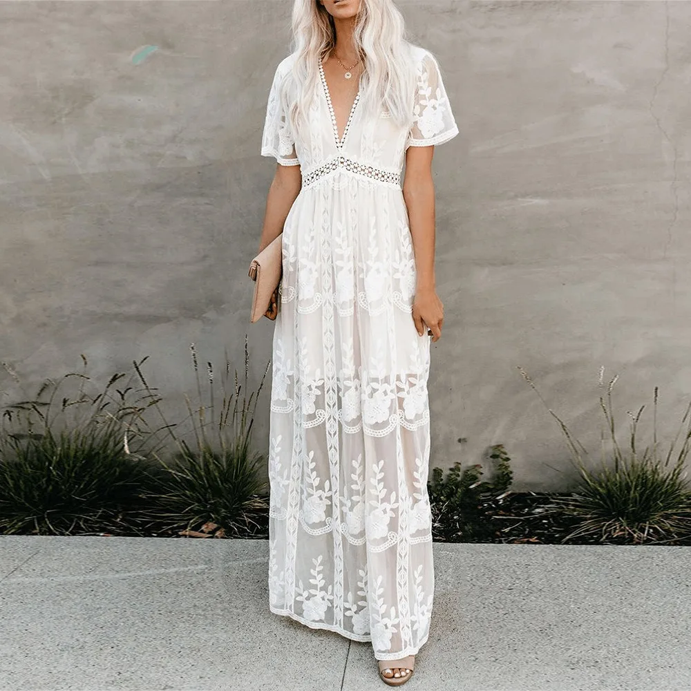 

2020 Summer Women Maxi Dress Loose Embroidery White Lace Long Tunic Beach Dress Vacation Holiday Clothes