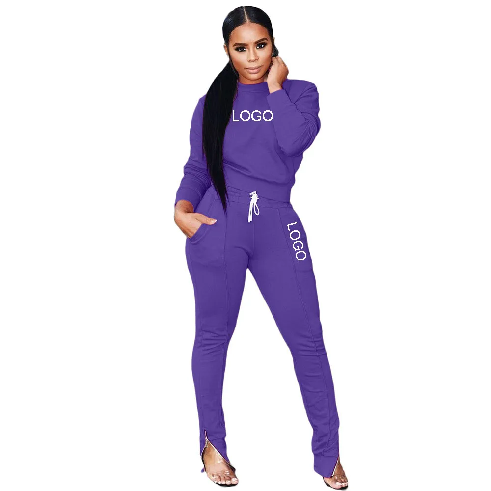 

Custom OEM Plain Long Sleeves Autumn Sweat Jogger Suits Fashion Women Two Piece Sets Polyester Joggers Pants with Side Pockets