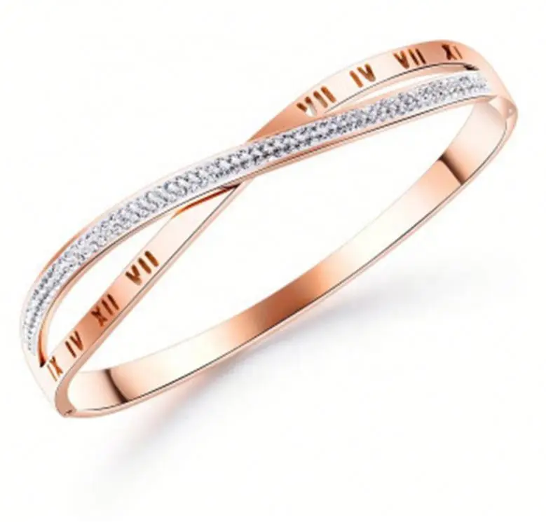 

Cross X Shaped Diamond Bangles Roman Numeral Titanium Steel Women's Bangles, Picture