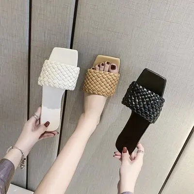 

New Leather Braided Slippers Women Summer Peep Toe Cross Woven Candy Color Sandals Casual Beach Shoes, Picture