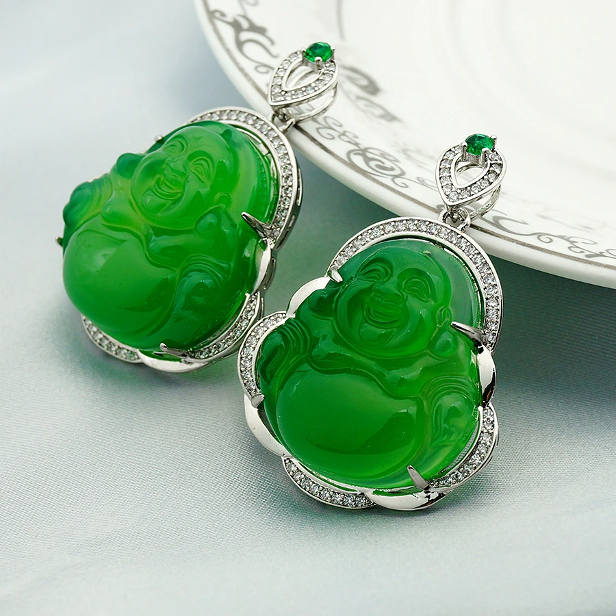 

Natural S925 Silver Plated CZ Green Agate Jade Budha Pendant Buddha Necklace