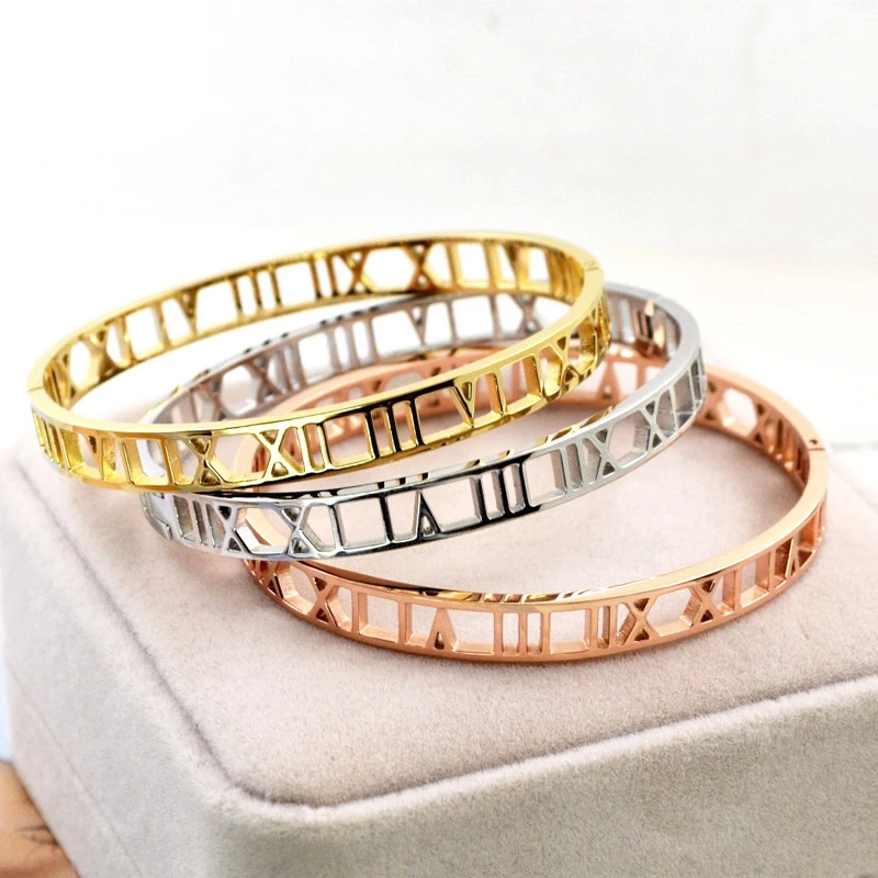 

In Stock 3 Colors Roman Numerals Hollow Bracelet And Ring For Woman 316L Stainless Steel Jewelry Set Women, Gold, silver, rose gold