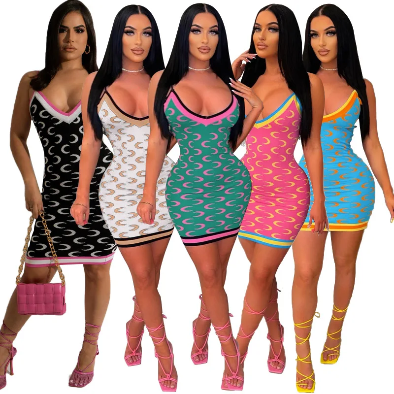 

Plus size summer hot women's moon dress sleeveless low neck backless printed halter bodycon dress mini wrap dress lady clubwear