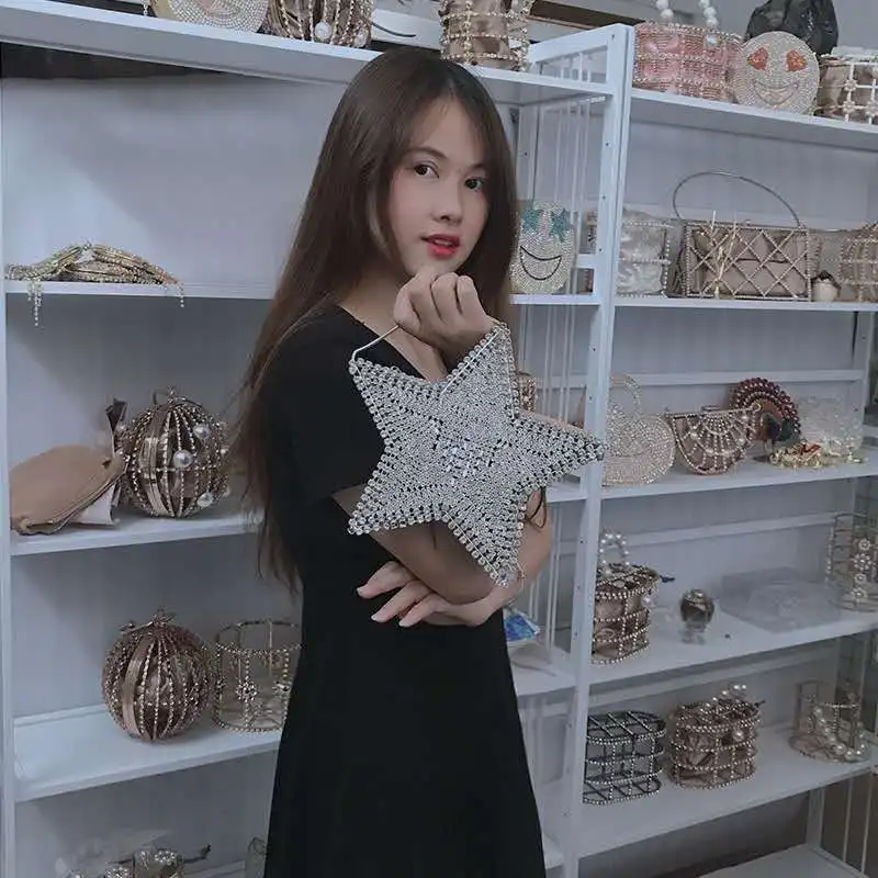

Factory customized diy rhinestone bag net red hot-selling style Evening Bag heart-shaped five-pointed star bag, White