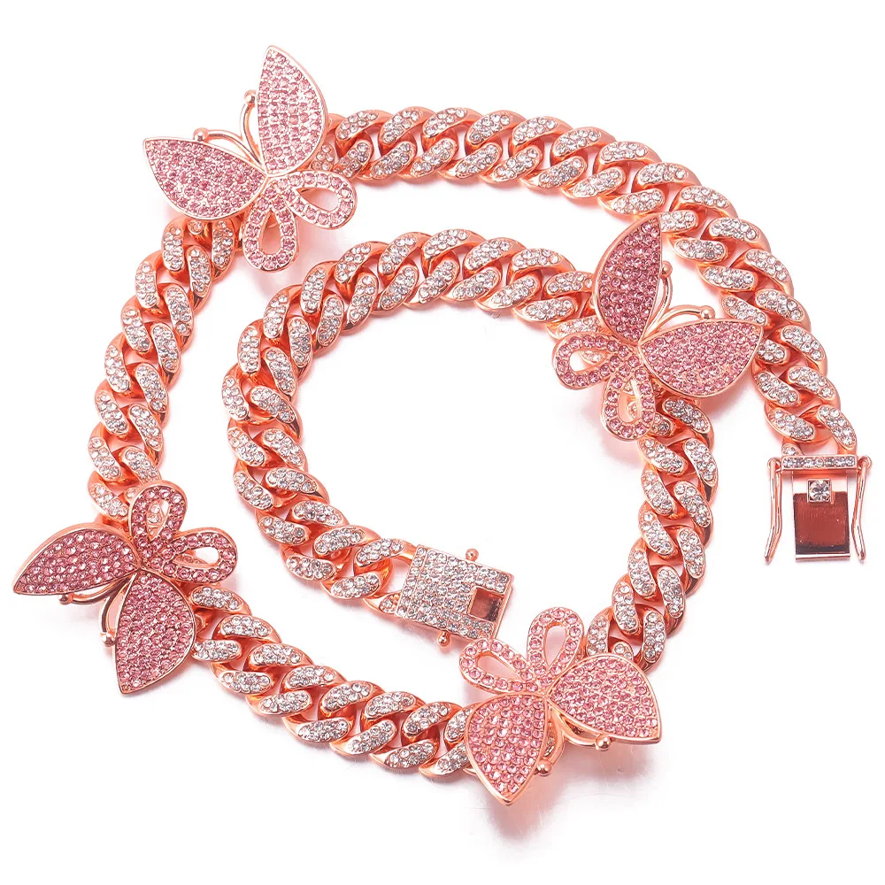 

Top Quality Luxury Hiphop Iced Out Sparkling Pink Gold Butterfly Bracelet Necklace For Women Men