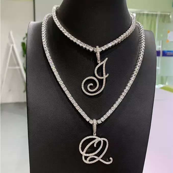 

Fashion Hip Hop Jewelry Custom Name cursive Letter Initial Pendant Tennis chain Necklace