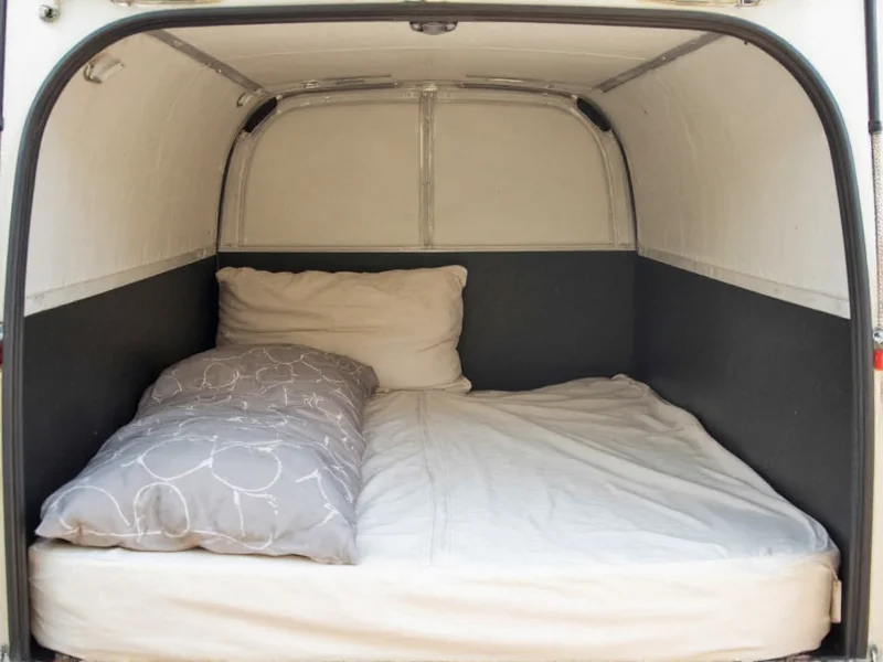 Teardrop camper interior showing clever under-bed storage solution