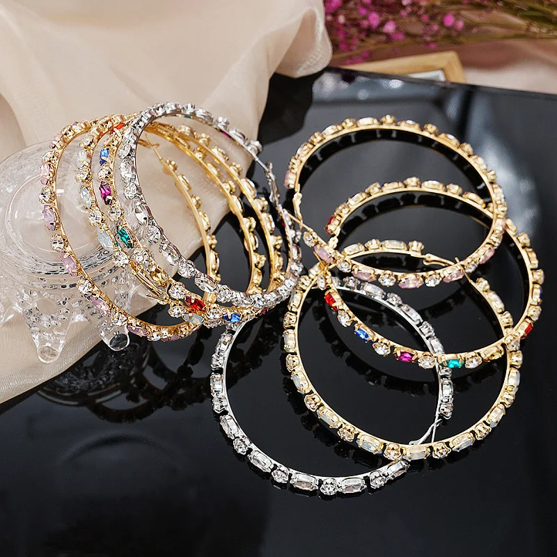 

Sexy Exaggerated Rhinestone Large Round Earrings Women Fashion Shiny Crystal Circle Hoop Earrings Girl Party Earring Jewelry, Gold and silver