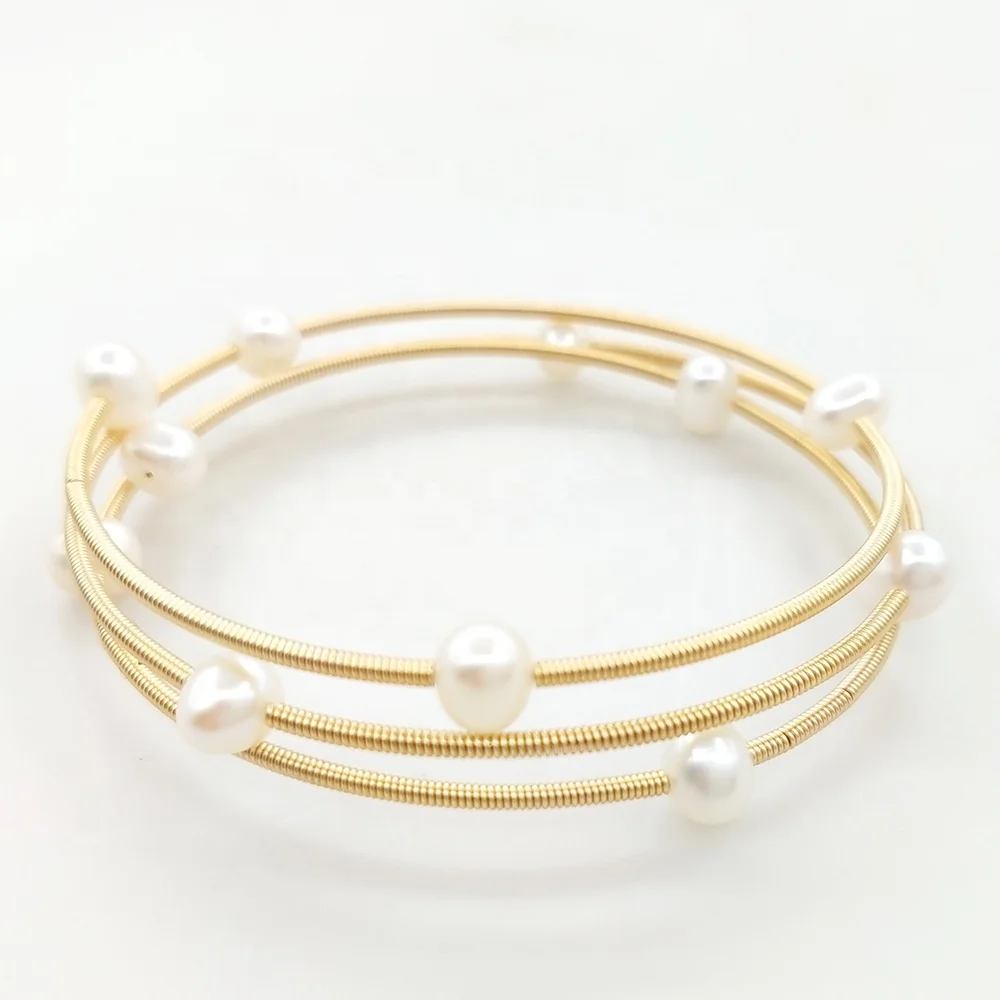 

Fashion Adjustable Three Layers Wrap Gold Bangles Bracelets Luxury Baroque 6-7mm Round Freshwater Pearl Bangles Gifts For Women