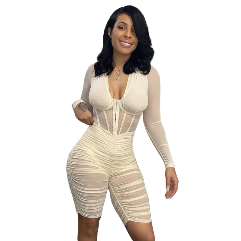 

Wholesale Fall 2021 Women Clothes Long Sleeve V Neck Bodycon Mesh Stacked Casual Rompers And One Piece Jumpsuit, As picture