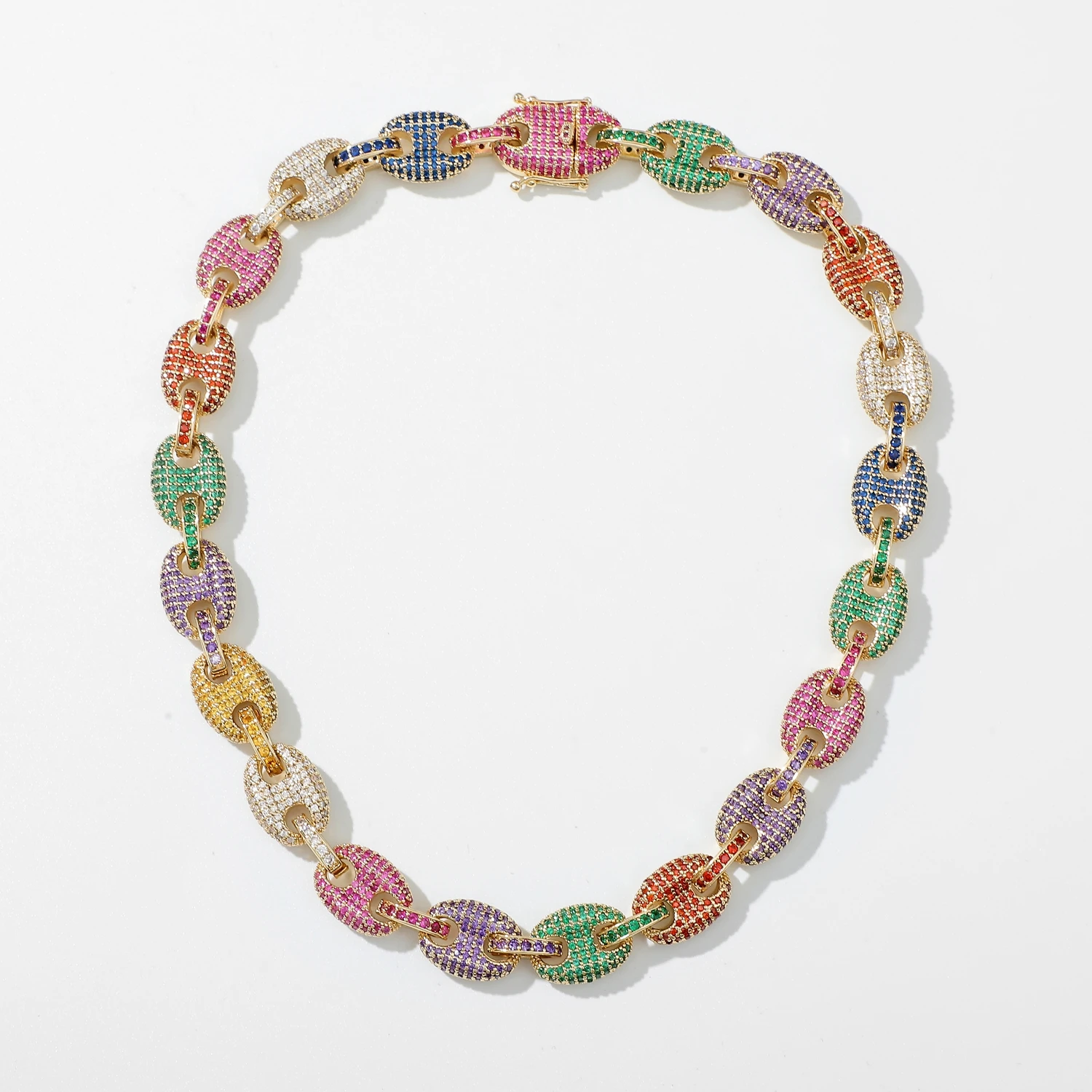 

12mm 16inch 16K Gold Plated Brass Iced Out Coffee Bean Link Chain Necklace Multi Color Rainbow Diamond Chian Necklace