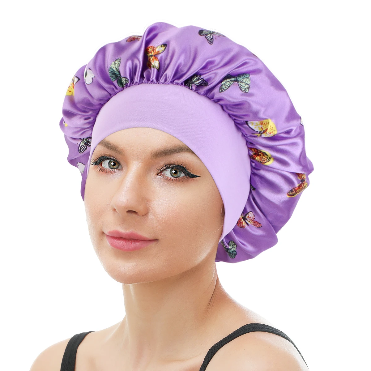 

Wholesale Wide Band Butterfly Pattern Bonnet Hair Sleeping Women Bonnets Satin for Lose Hair