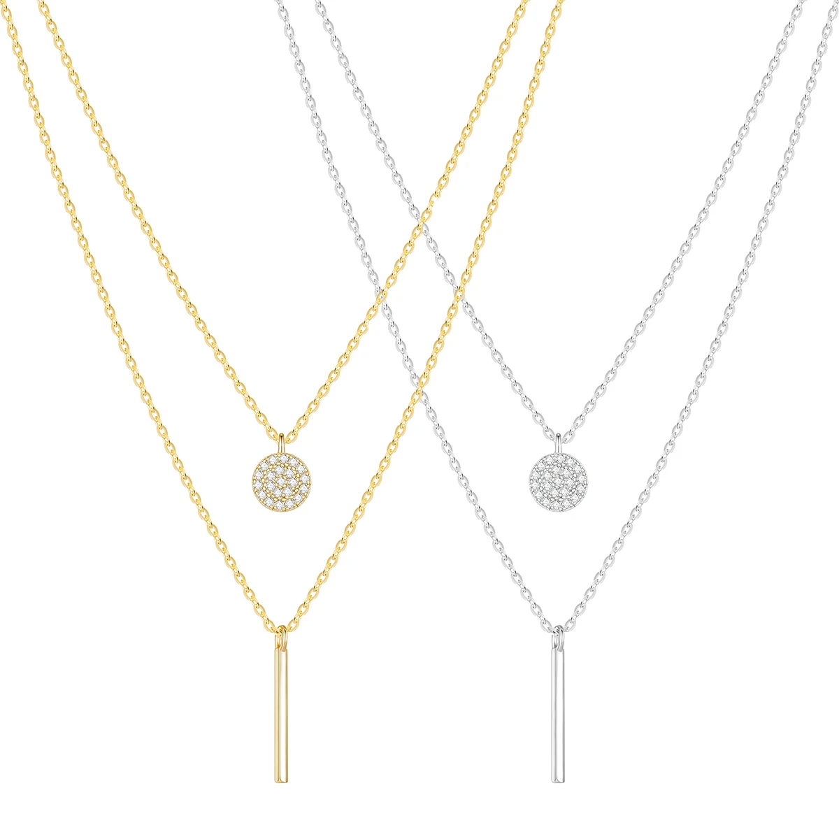 OAHLAN 925 Sterling Silver Geometric Double-layer Chain  Pendant Necklace with White Zirconia for Women Girls Birthday Gift
