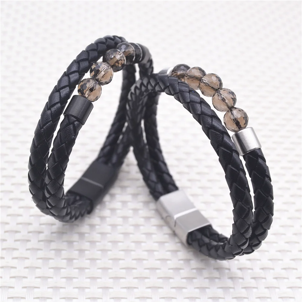 

Natural Stone Bracelets Genuine Leather Braided Bracelet Black Stainless Steel Magnetic Clasp Crystal Bead Bangles Men Jewelry, Silver, black, customized color