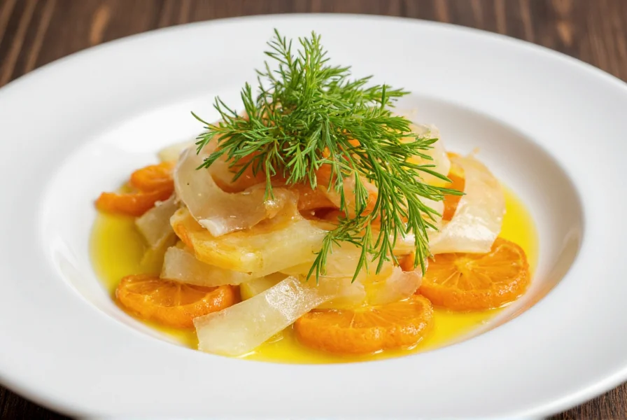 Citrus-fennel salad with orange segments and fresh fronds on white plate