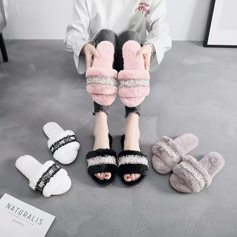 

Women's Faux Fur Slippers Fuzzy Flat Fluffy Open Toe House Shoes Indoor Outdoor Slip on Memory Foam Slide Sandals, Customized color