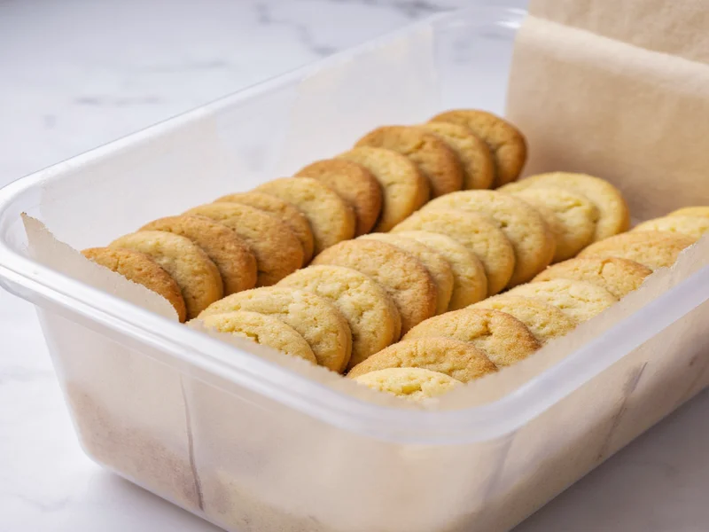 Sugar cookies stored in airtight container with parchment separation