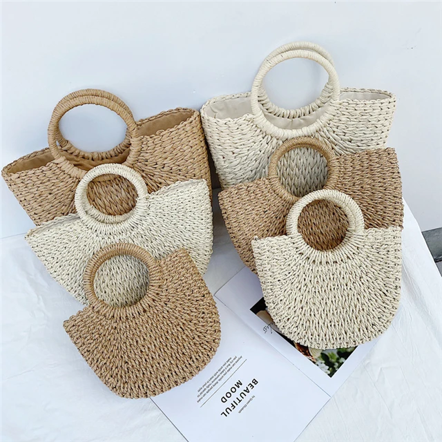 

Hot Sale Vintage Ladies Moon Bag Beach Vacation Rattan Handbag, As the pics