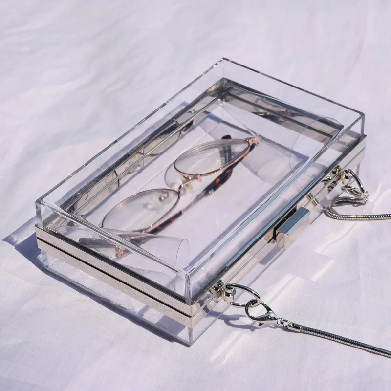 

Silver Transparent Bag Female Single Shoulder Small Square Bag New Summer Dinner Acrylic Clutch Bag Chain