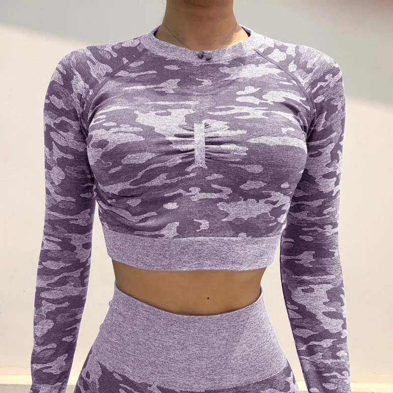 

Back hollow sports t-shirt camouflage slim slimming running fitness clothes tight yoga quick-drying long sleeves
