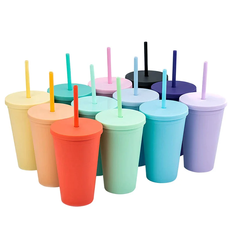 

2021 Double Wall Plastic 16oz Colored Acrylic Reusable Straight Sublimation Tumblers Cups with Lids and Straws, Customized