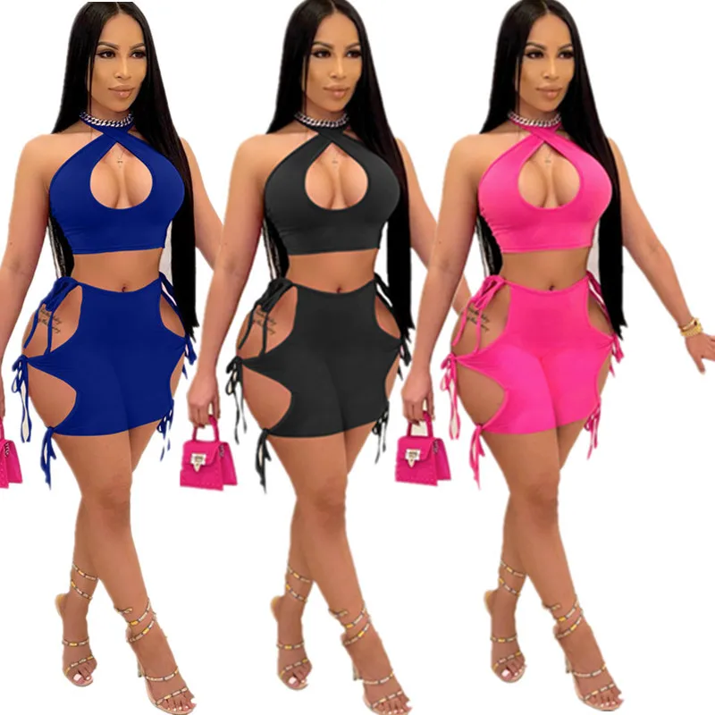 

Latest Sexy Night Club Outfits Hollow Out Summer Short Sets Women Two Piece Pants Set Halter Top -PT, Black,rose red,blue