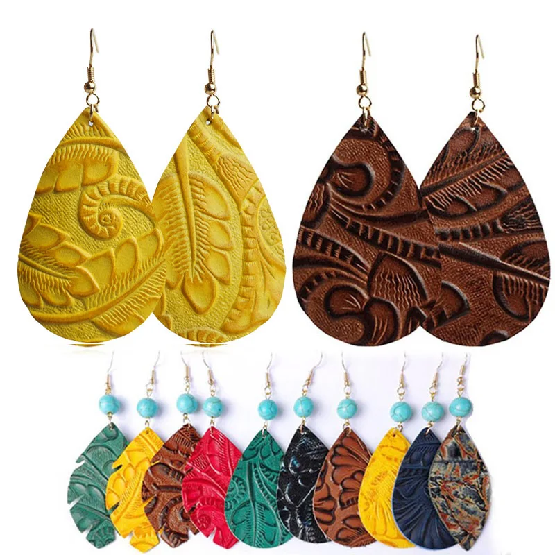 

Creative Bohemian Western Style Textured Geometric Hook Earrings Vintage Embossed Genuine Leather Teardrop Statement Earrings