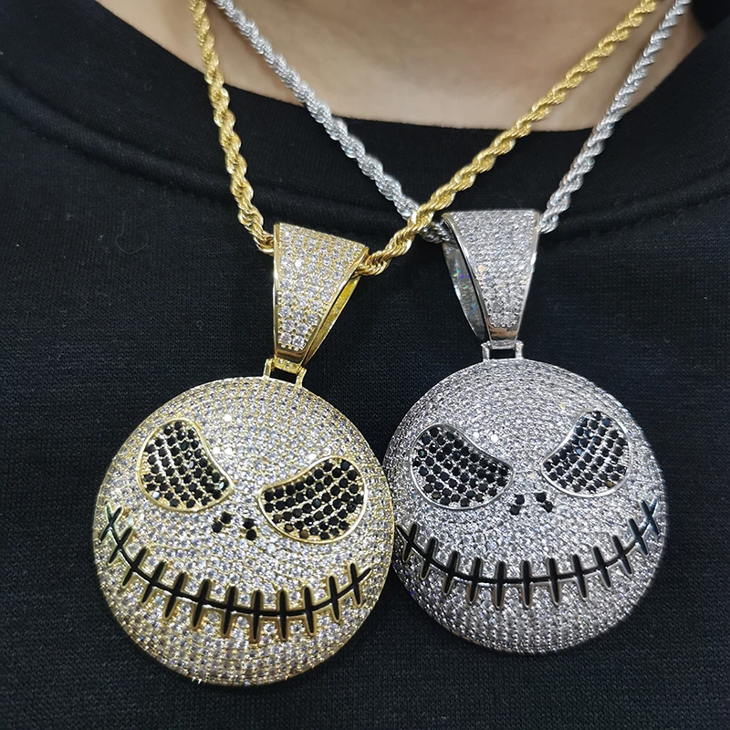 

Halloween Hip Hop Cuban Diamond Cartoon Shiny Ghost Charm Pendant Iced Out Cz Cubic Zircon Grimacing Skull Head Necklace