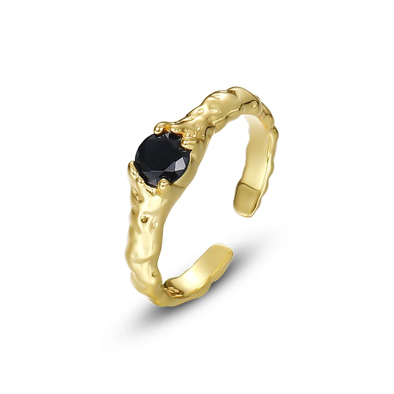 925 Sterling Silver Ring  Women Hammered Gold Plated Adjustable Black zircon Stone Cz adjustable Ring