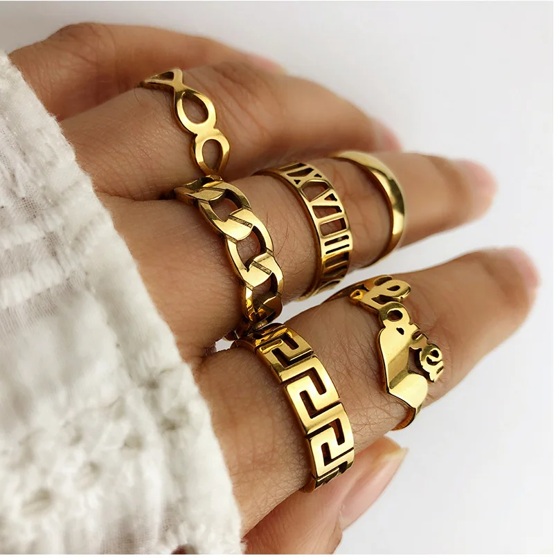 

Titanium Steel Gold Plated Link Chain Knuckle Finger Rings Stainless Steel Plain Hollow Heart Index Finger Rings for women