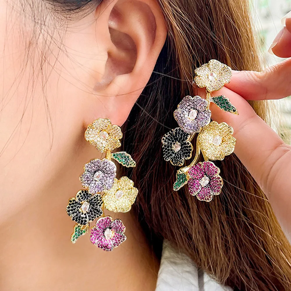 Micro Inlaid Colorful Cubic Zircon Wedding Bridal Jewelry 3D Luxury Statement Big Long Flowers Ear Drop Earrings for Women Party