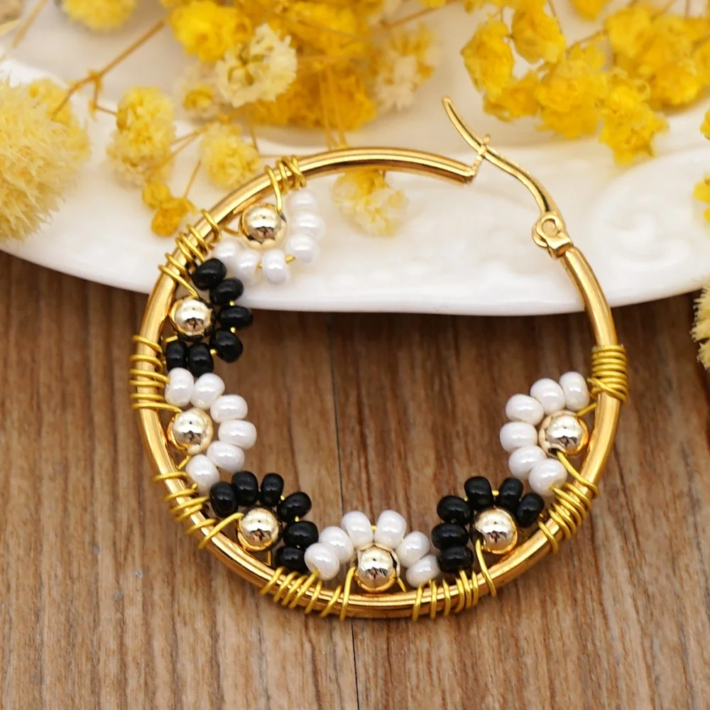 

New glass beads stainless steel earrings hoops handmade beaded large earrings gold black earrings jewellery